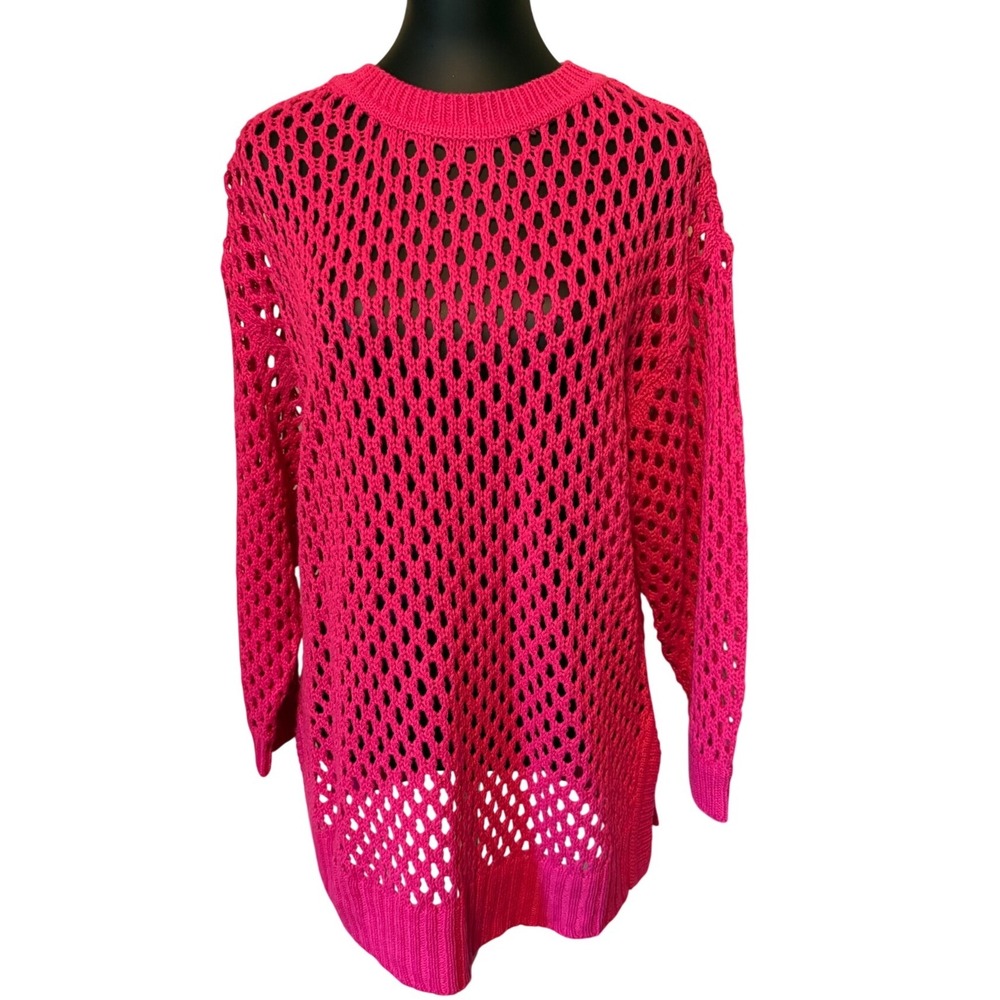 FCT WITH LOVE Hot Pink Open Knit Crochet Sweater Tunic 2X  Barbiecore